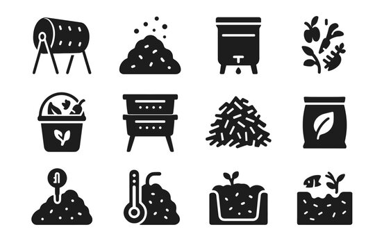 Vector tray bucket set soil shredded compost system icons composting bokashi bin