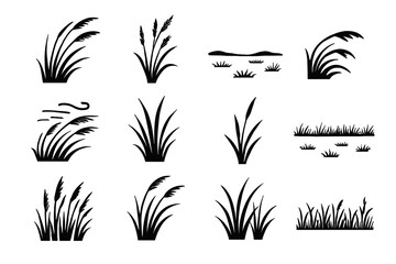 Vector wide breeze tuft bending dense icons isolated grass plain icon scene