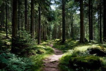 Sunlit path through a dense forest (3)