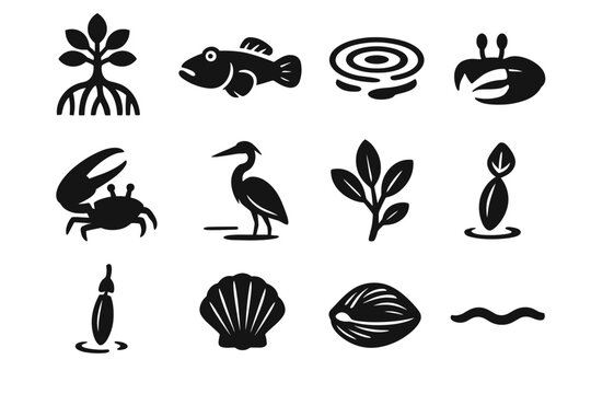 Fiddler sprig icon delta mangrove line ripple floating claw vector fish seed