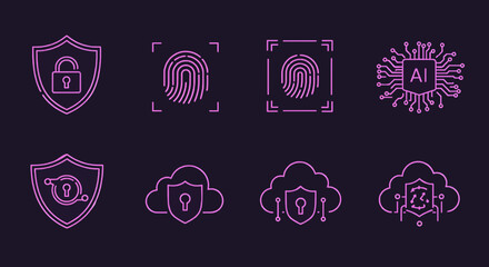 A modern set of neon line art icons representing concepts of cybersecurity, biometrics, artificial intelligence, and secure cloud computing