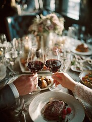 A couple clink glasses at a restaurant dinner to celebrate