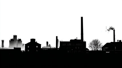 Obraz premium Silhouette of industrial buildings with smokestacks against a bright white background view