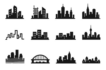 City skyline construction rooftops business building vector radio icon silhouettes crossing