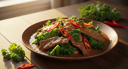 Delicious Thai dish with meat, vegetables, and spices on a plate.