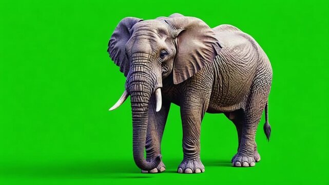 An elephant standing on a green screen background in a studio environment, facing the camera animal green screen video