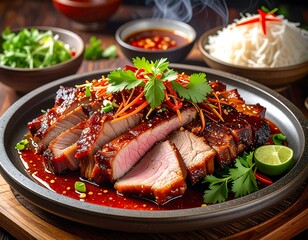 Sliced glazed pork on platter with Asian accompaniments