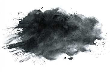 An abstract image featuring a dark grey watercolor wash, exhibiting a textured, irregular shape with visible brushstrokes and splatters against a clean white background