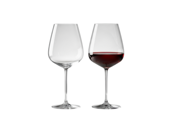 Two pristine, elegant crystal wine glasses, one empty, one with deep ruby red wine, on a smooth white table with a transparent studio backdrop, luxury product photography concept