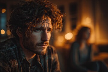 A sad man apologizes for upsetting a woman sitting on the couch at home.