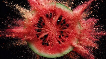 Watermelon slice exploding in colorful powder