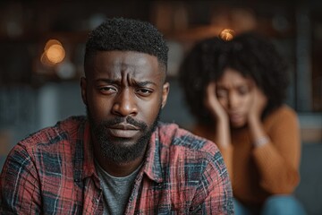 A sad man apologizes for upsetting a woman sitting on the couch at home.