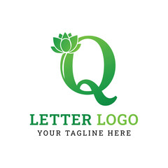 Green letter Q logo with lotus flower and text vector illustration
