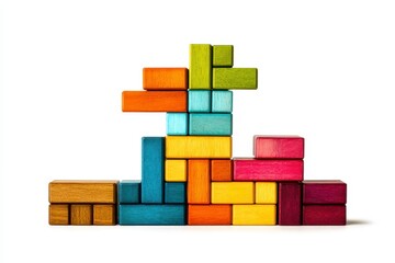 Colorful wooden blocks in various shapes and sizes, creating a structured design against a white background