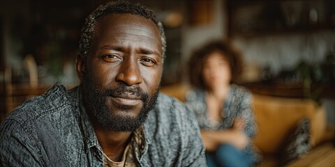 A sad man apologizes for upsetting a woman sitting on the couch at home.