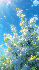 Bright sunny sky and lush green foliage with delicate white blossoms in a springtime scene