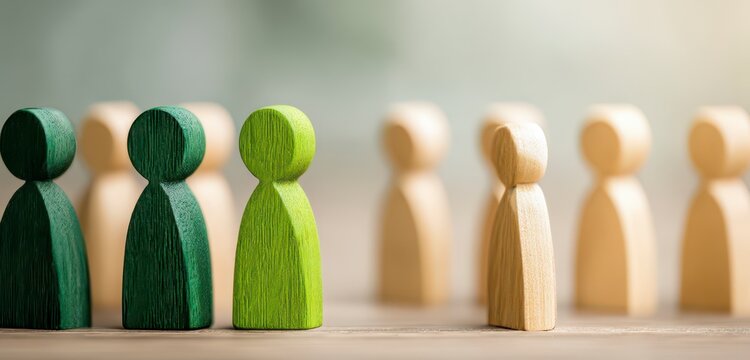 Wooden figures, green and beige, standing in a group