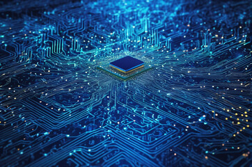 Futuristic Microchip on Digital Circuit Board. Generative AI. 