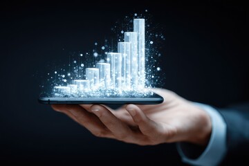 Hand holding tablet with upward trending graph projection