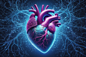 Neon Cybernetic Heart. Generative AI.