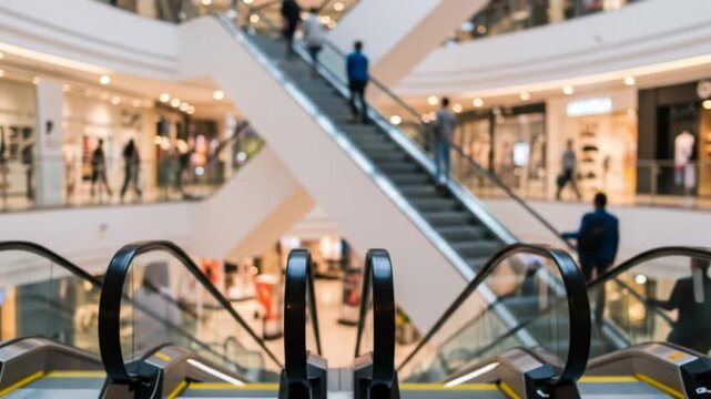 People moving on escalators in modern shopping mall