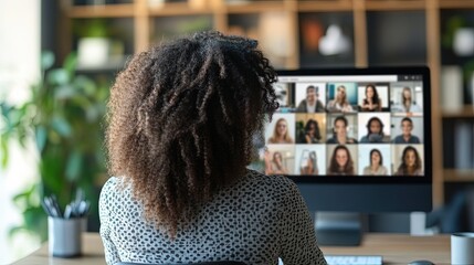 Professional woman attending an online conference via video call.