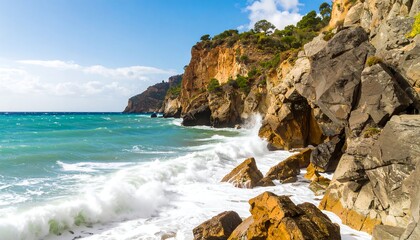 Dramatic coastal scene with crashing waves against rocky cliffs