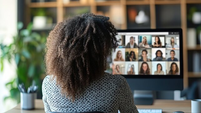 Professional woman attending an online conference via video call.