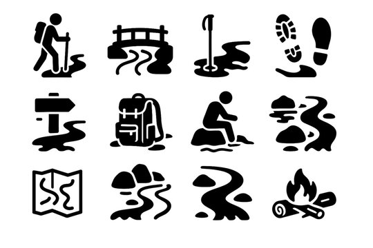Backpack vector hiker map campfire icon crossing hiking stream curve path set
