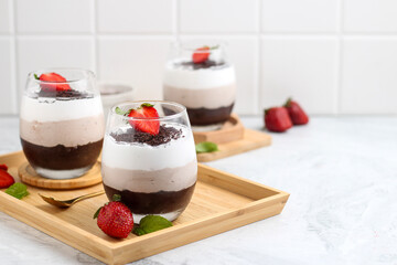 Chocolate mousse with strawberry topping.