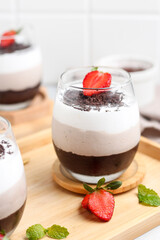 Chocolate mousse with strawberry topping.