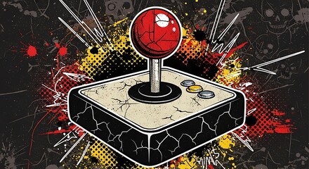 Vintage arcade controller with distressed effects and dynamic background elements