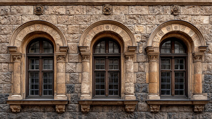 Fototapeta premium Three arched windows with dark frames set in a detailed stone wall of an old building