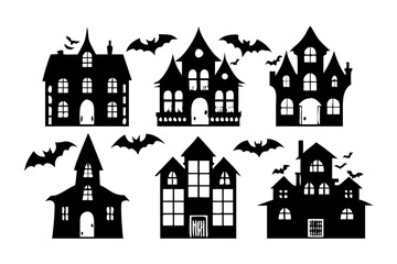 Set of spooky haunted houses and bats silhouette