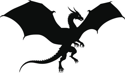 Silhouette of flying western dragon with large wings spread, medieval fantasy mythical beast illustration, gothic monster design for gaming and tattoo