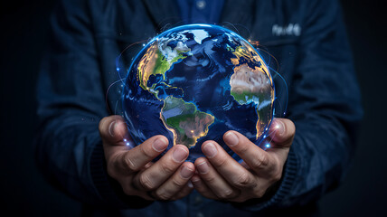 Hands cradling glowing Earth, symbolizing global connection, technology, and worldwide networks