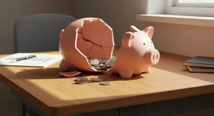 Broken piggy bank with coins scattered on a wooden desk
