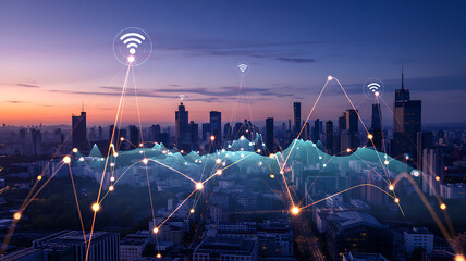 Vibrant cityscape with digital network overlay, representing connectivity and smart city concepts
