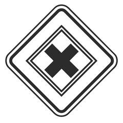 Black cross symbol inside a diamond shape warning sign.