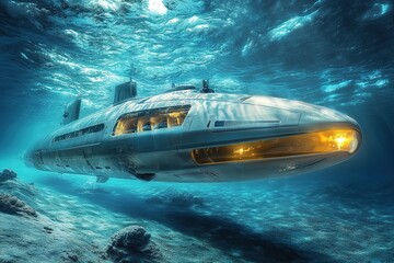Fototapeta premium futuristic submarine launching robotic submarines to explore ocean floor