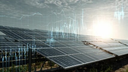 Solar Energy: Modern solar panels in an open field, set against the bright sun with digital data overlay, promoting sustainable energy and clean power. - Powered by Adobe