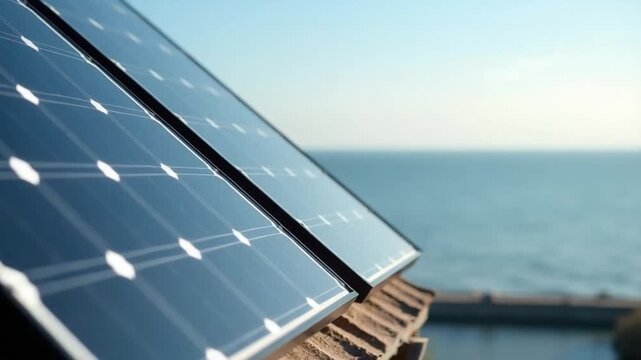 Solar panels are fixed next to the house, in the background is a calm sea