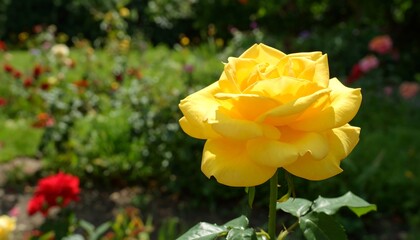 Vibrant yellow rose in garden