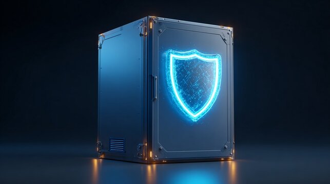 A futuristic server with a glowing shield emblem, representing data security and protection in cyberspace