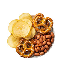 Golden potato chips, artisan pretzels, and salted peanuts elegantly arranged on a white ceramic plate with rosemary on a shadowless transparent background, clean commercial snack concept
