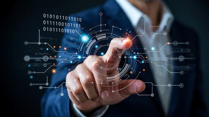 Businessman interacting with futuristic digital interface, innovation and technology concept