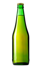 Green glass beer bottle with golden cap on transparent background