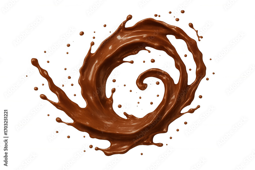 Poster liquid chocolate swirling and splashing, creating a dynamic spiral against a transparent background