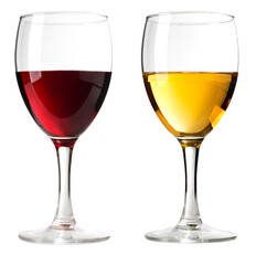 Two wine glasses containing red and white wine on transparent background