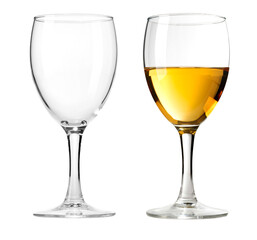 Empty and full wine glasses on transparent background